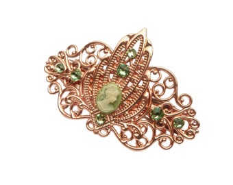 Small cameo hair clip rose gold green art deco style gift idea woman