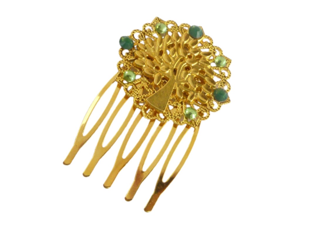 Small Hair Comb With Tree Ornament Green Gold Bridal Wedding Etsy