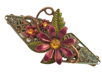 Medium-sized hand-painted hair clip bordeaux green bronze unique hair jewelry bridal wedding gift idea woman festive hair accessory