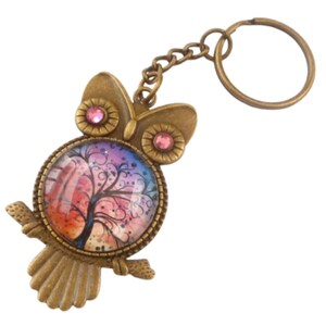 Sleutelhanger met groot uilenembleem en boommotief rood brons cadeau-idee vrouw vriendin Valentijnsdag