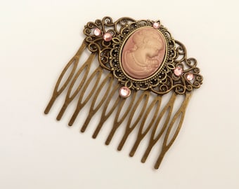 Hair comb with cameo and roses in pink bronze victorian hair ornament baroque rococo gift woman
