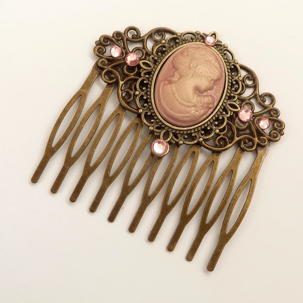 Hair comb with cameo and roses in pink bronze victorian hair ornament baroque rococo gift woman