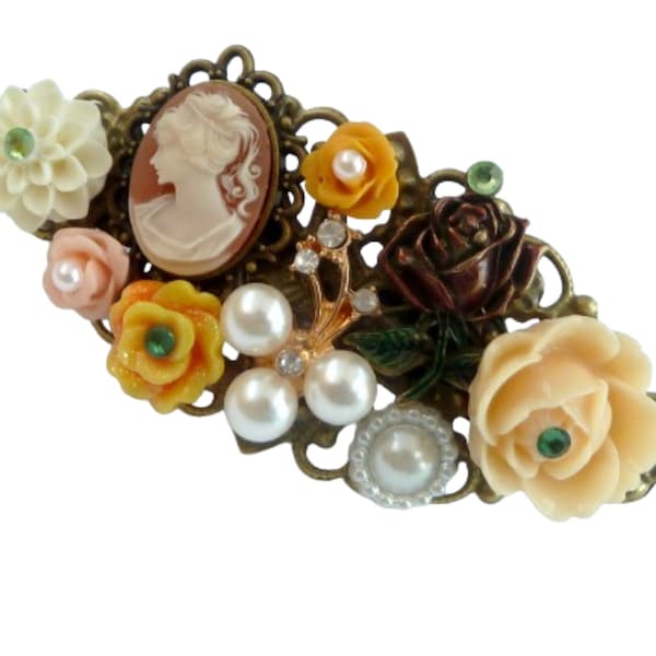 Nostalgic hair clip with flowers and cameo collage apricot white bronze bridal wedding hair jewelry accessory