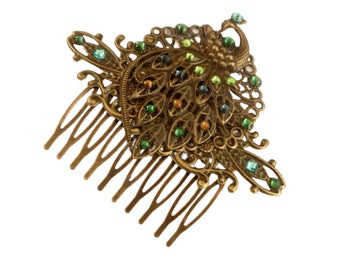 Large hair comb with peacock motif Art Nouveau design colorful bronze rhinestone hair jewelry vintage style hair accessory