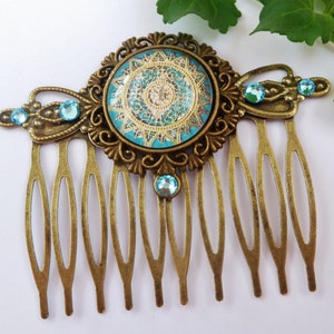 Elegant hair comb with a filigree motif in gold turquoise, bronze hair comb, ornate, antique, vintage