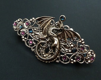 Hair clip with dragon in antique silver medieval hair accessories LARP China mythology gift woman