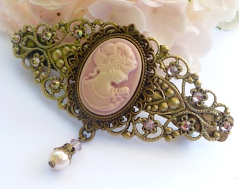 Romantic Barrette with Cameo in pink bronze, antique hair jewelry, delicate hair clip, hair jewelry LARP, medieval Barrette