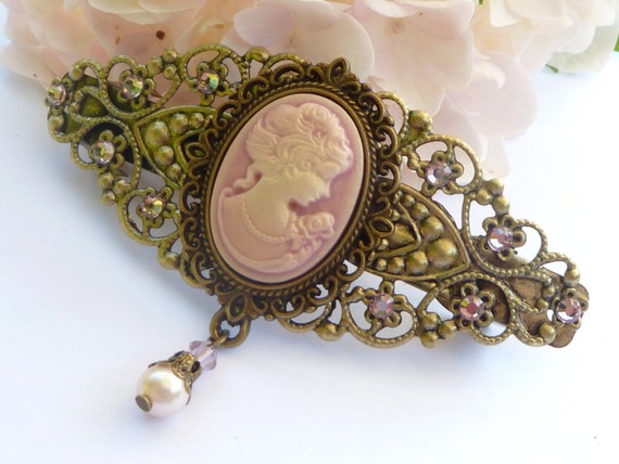 Pince à cheveux romantique avec camée en bronze rose, bijoux de