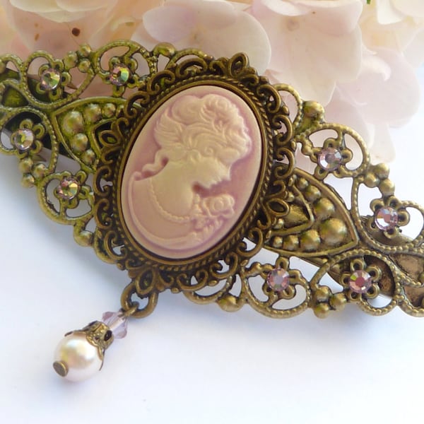 Pince à cheveux romantique avec camée en bronze rose, bijoux de cheveux antique, Barrette, bijoux de cheveux de LARP, Barrette médiévale en filigrane