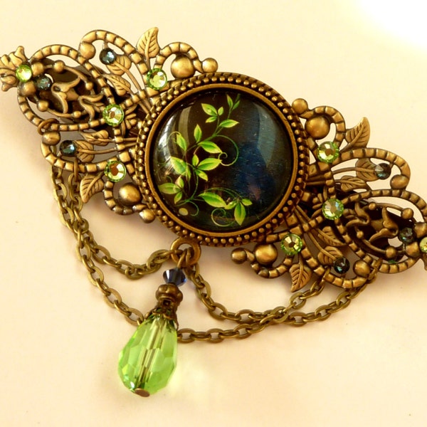 Pince à cheveux antique grand avec des ornements de feuilles en vert bronze strass cheveux bijoux cadeau idée Saint-Valentin