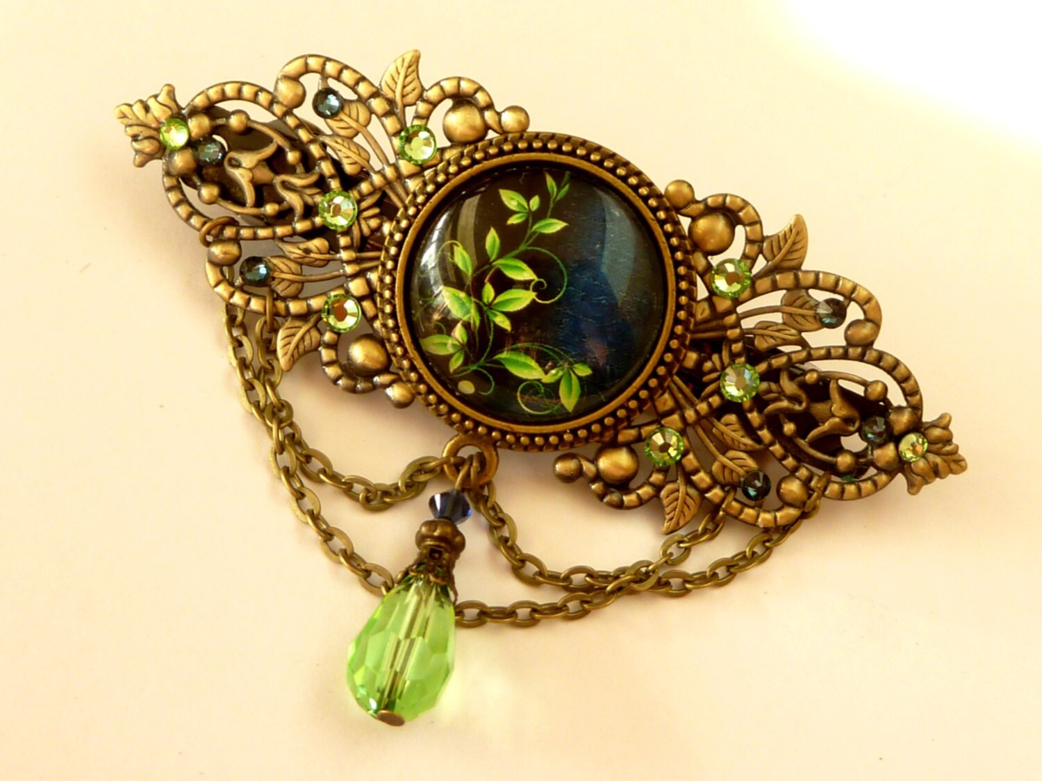 Large Antique Barrette with leaf ornaments in green bronze rhinestone hair accessories gift idea Valentine