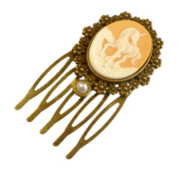 Small unique hair comb with unicorn cameo orange white bronze girls hair accessories gift idea fairy tale fantasy