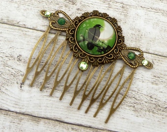 Gothic hair comb with Raven in green bronze, Halloween hair accessories, hair comb bird,