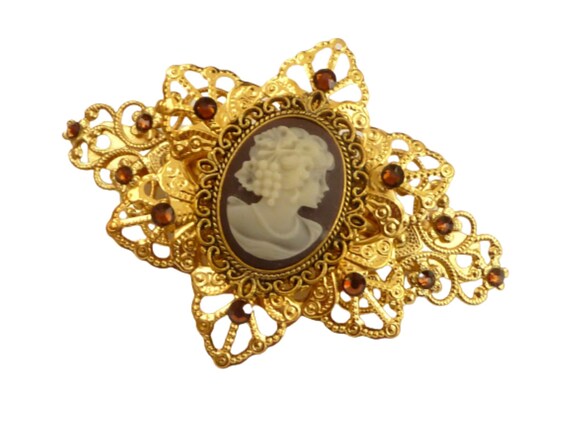 Vintage Gold Tone Cameo Hair Barrette VINTAGE CAMEO GOLD TONE METAL HAIR BARRETTE UP DO HAIR  main image 3