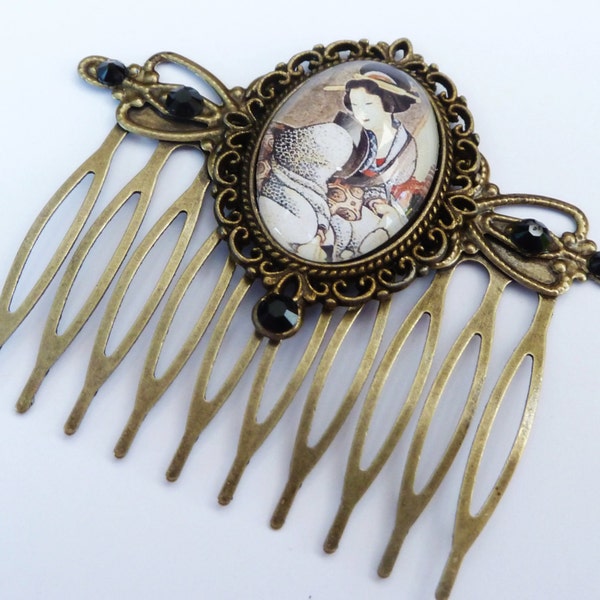 Hair comb with geisha, japanese motif, oriental, vintage hair comb, antique, gift idea