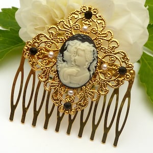 Elegant one of a kind hair comb with siblings cameo black gold bridal wedding updo hair accessories
