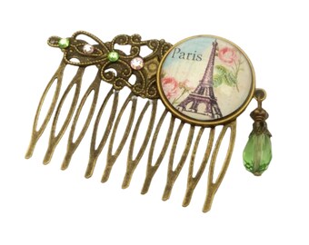 Hair comb with Eiffel Tower motif pink green bronze Paris hair accessory girl trend accessory gift idea woman girlfriend bride wedding