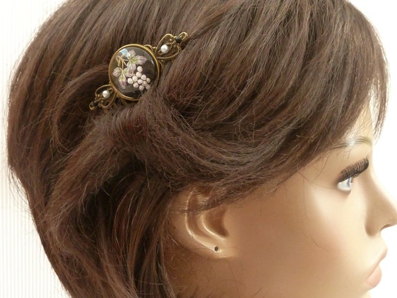 Vintage-Inspired Hair Comb Set with Bird and Grape Designs Vintage Cloisonne Hair Comb, Vintage Enamel Hair Comb, Bird  main image 2