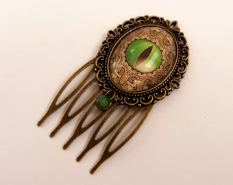 Small hair comb in green bronze with Dragon's Eye, Fantasy hair comb, Steampunk Hair Accessories, China hair comb, hair jewelry original