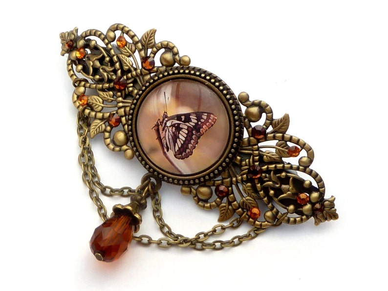 antique style hair jewelry gift for her large hair clip Hair clip with butterfly in brown bronze summer barrette