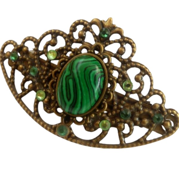 Gemstone hair clip with malachite cabochon green bronze vintage bridal hair accessories updo antique style accessory
