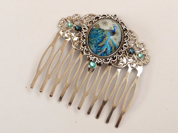 Elegant hair comb with peacock motif turquoise silver colored Art Nouveau hair accessories gift woman