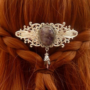 Gemstone unique hair clip with amethyst cabochon, purple silver, bridal wedding hair accessory, gift idea woman girlfriend