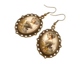 Elegant earrings with historical lady bronze baroque rococo renaissance hair accessories gift idea wife girlfriend