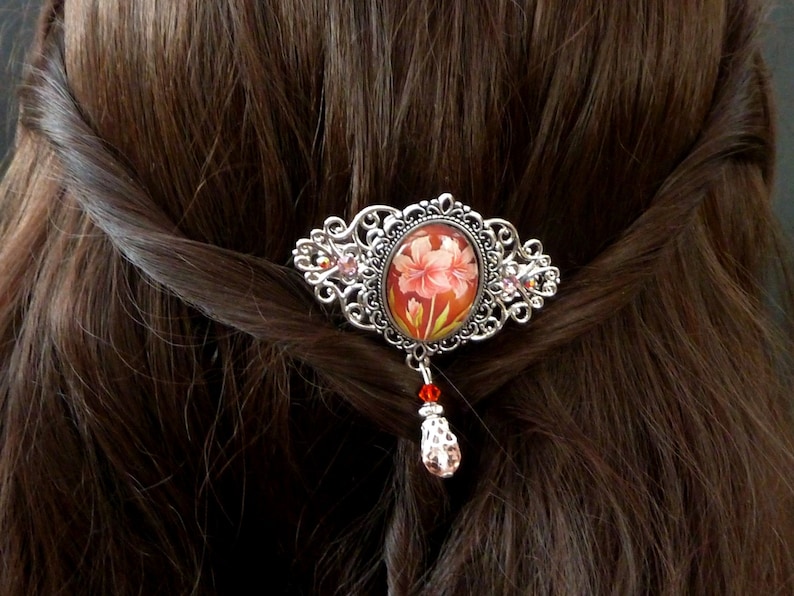 Small hair clip with amaryllis motif in pink silver bridal hair accessories gift idea woman
