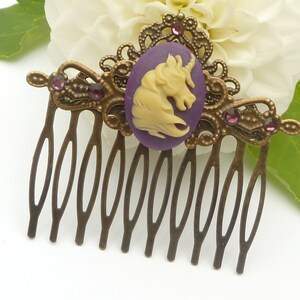 Fantasy hair comb with unicorn cameo purple bronze gift idea girls birthday side comb