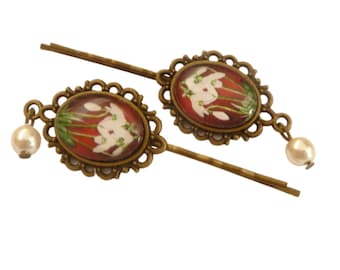 Noble hair clips with snowdrop motif set of 2 red bronze girls hair accessories beads gift idea woman