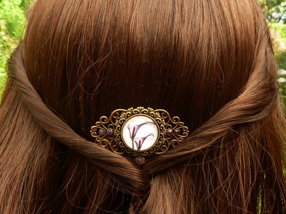 Haarkamm mit Callablüten in bronze lila 