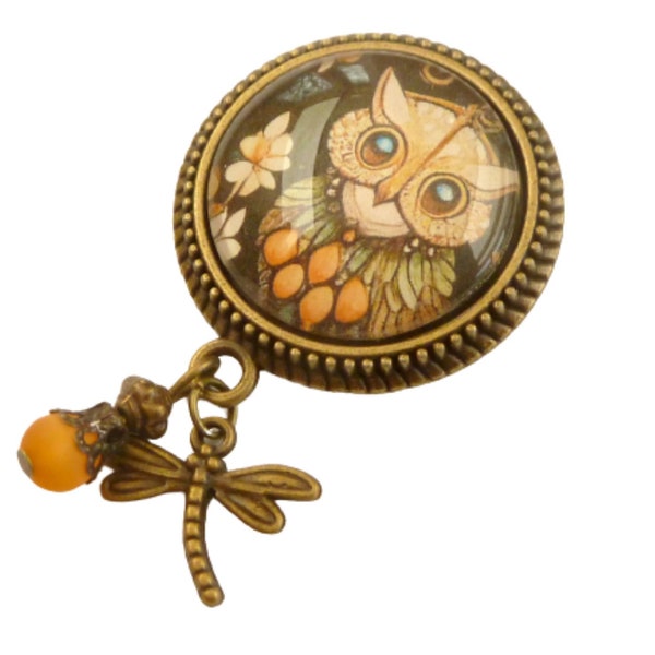 Broche nostalgique avec motif hibou marron bronze libellule forêt animaux décollete bijoux sac bijoux idée cadeau