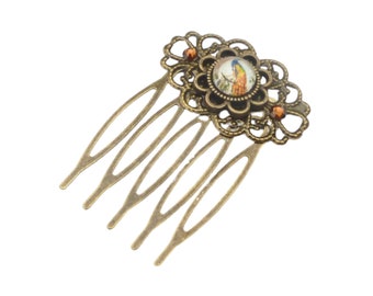 Petite hair comb with peacock motif vintage hair jewelry bronze color braid accessory gift idea girlfriend