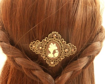 Small cameo hair clip with cute elf motif unique brown bronze girls hair accessories gift idea wife girlfriend