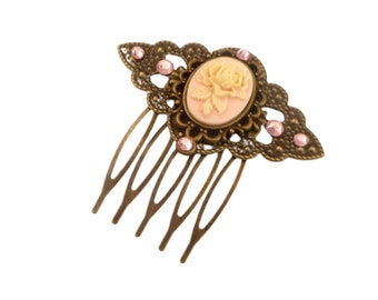 Small hair comb with rose Kamee pink bronze color bride hair accessories antique style gift idea woman