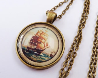 Sailing ship necklace in bronze, navigation jewelry, seafaring