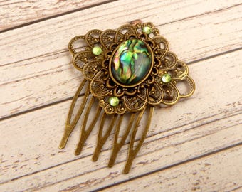 Small hair comb with abalone shell disc, antique style hair accessory, bronze-colored, side-mounted hair comb, bridal wedding hair accessory