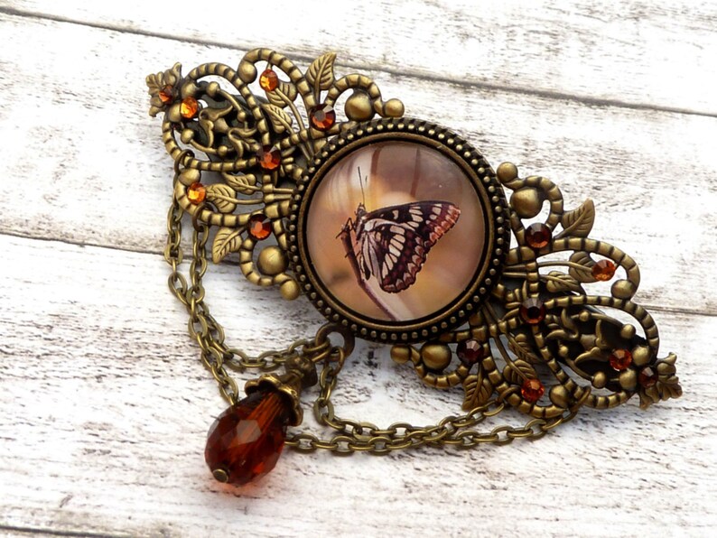 antique style hair jewelry gift for her large hair clip Hair clip with butterfly in brown bronze summer barrette