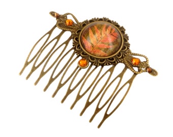 Autumn hair comb with leaf motif in bronze orange gift idea woman