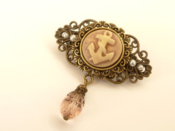 Vintage Gold Filigree Cameo Hair Barrette Accessory with Faux Pearls Choose Green, Black, Lavender or Burgundy - Lily of the  main image 4