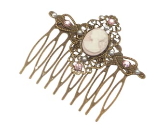 Noble hair comb in antique style with cameo with lady in rose bronze colored updo hair accessories gift idea