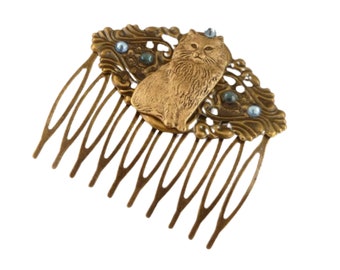 Nostalgic hair comb with cat motif blue bronze oxidized brass updo side comb girls gift idea