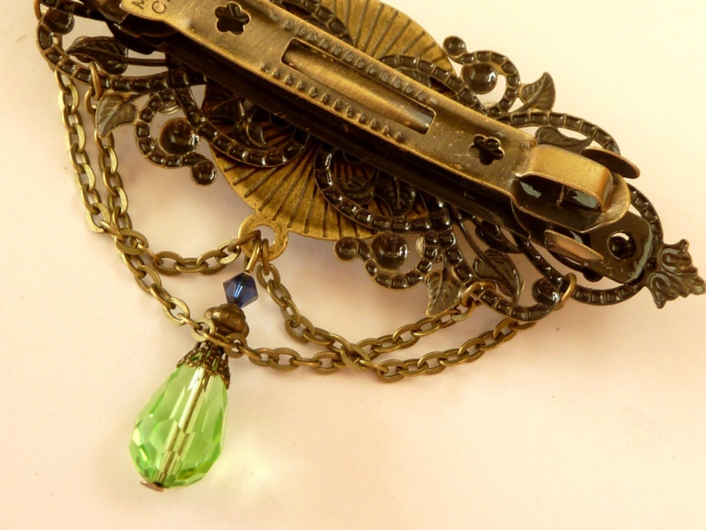 Große Antik Haarspange mit Blatt Ornamenten in grün bronze Strass Haarschmuck Geschenkidee Valentinstag Bild 2