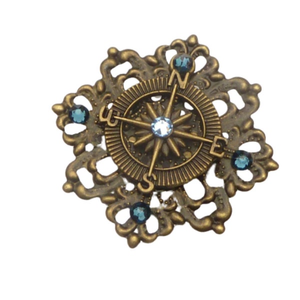 Maritime brooch with compass motif blue bronze gift idea seafarer scarf brooch bag jewelry