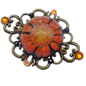 Noble broche unique avec vraie fleur orange bronze coloré nature bijoux écharpe broche poche bijoux idée cadeau femme