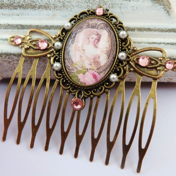 Noble Baroque hair comb in pink bronze, antique hair comb, hair comb Rococo, girls hair comb, ornate, rhinestone hair comb, pearl hair comb