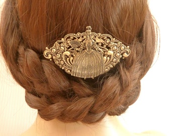 Large antique style hair clip with rococo lady oxidized brass heavy quality bride wedding gift idea wife girlfriend