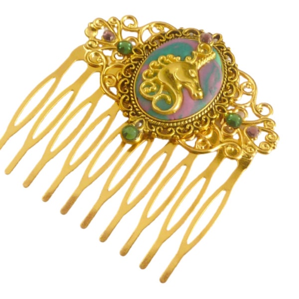 Noble unique hair comb with unicorn motif gold turquoise purple girls hair accessories fantasy hair accessory gift idea