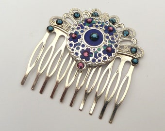 Elegant unique hair comb purple silver colored with flowers motifs and fan ornaments gift idea woman